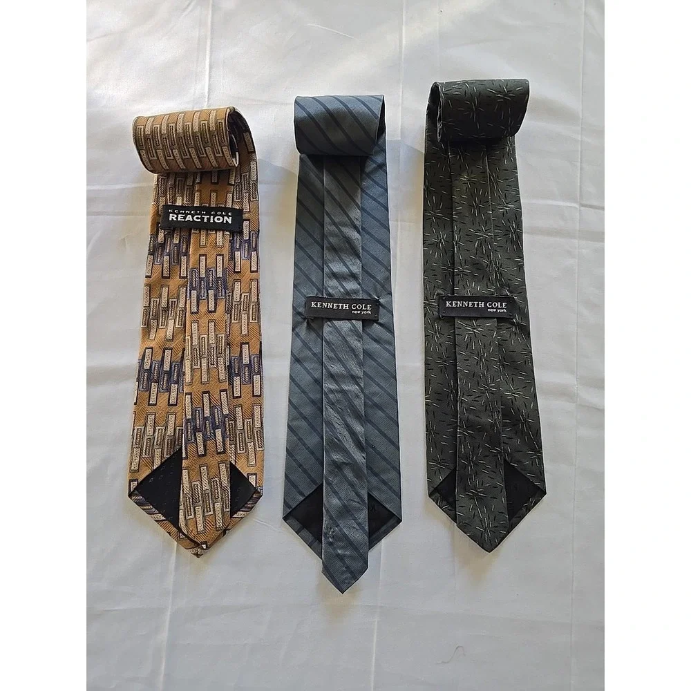 Vintage Kenneth Cole Reaction Silk Tie Lot of 3 Blue Green Tan‎ Men's